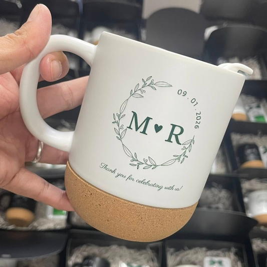 Custom Wedding & Corporate Ceramic Mugs - Cork Base